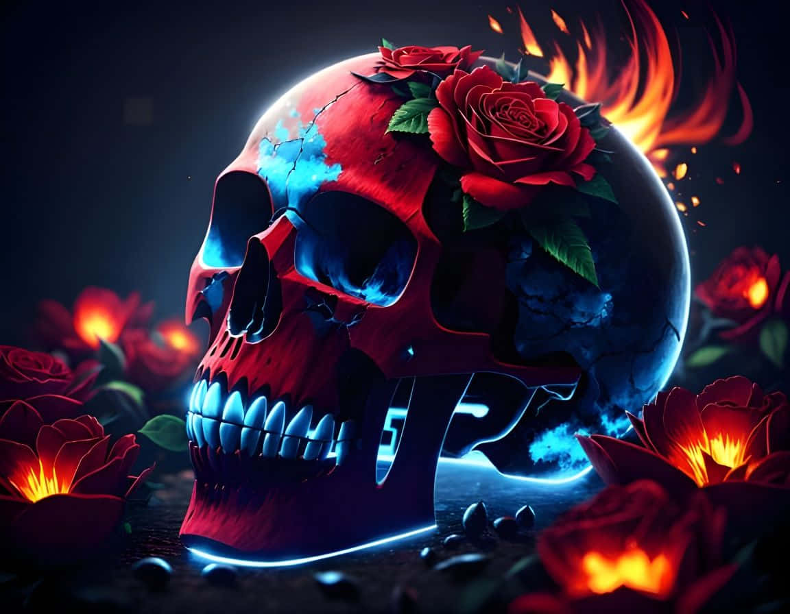 Red Blue Flaming Skullwith Roses Wallpaper