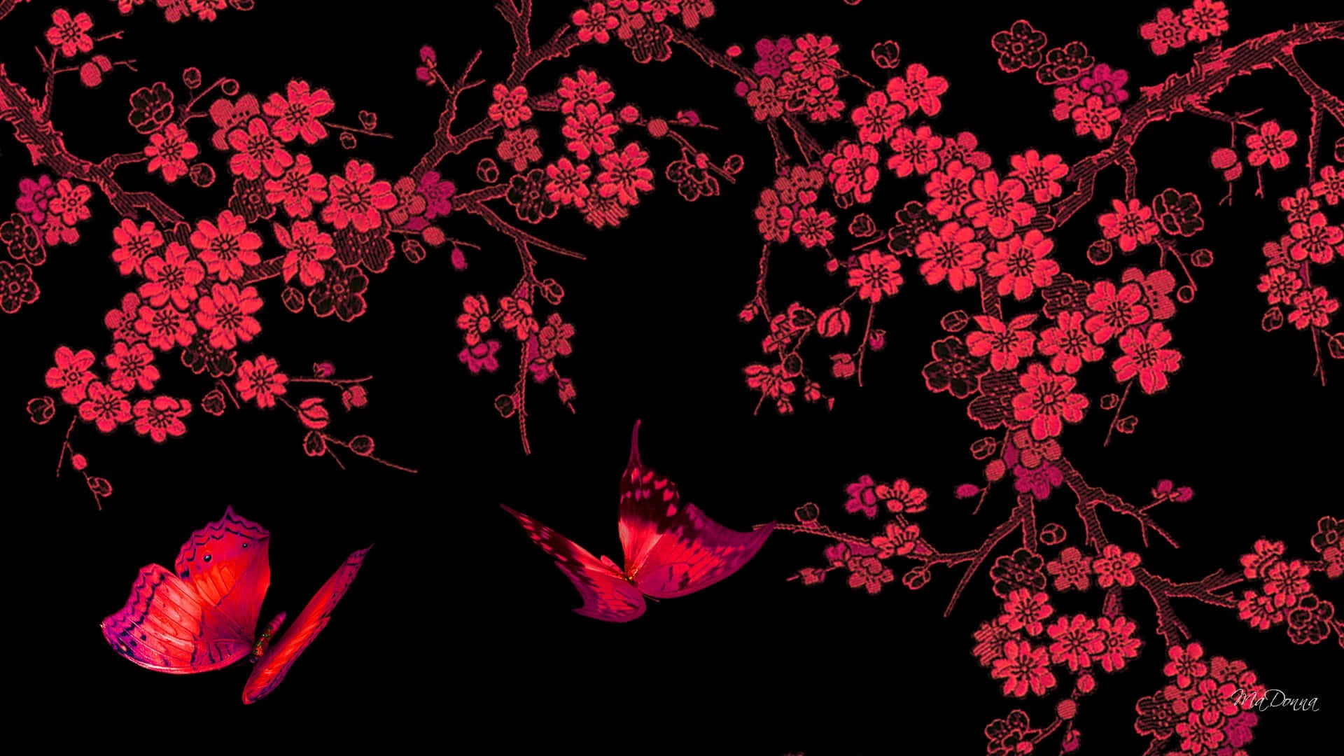 Red Butterfly Flowers Art Wallpaper