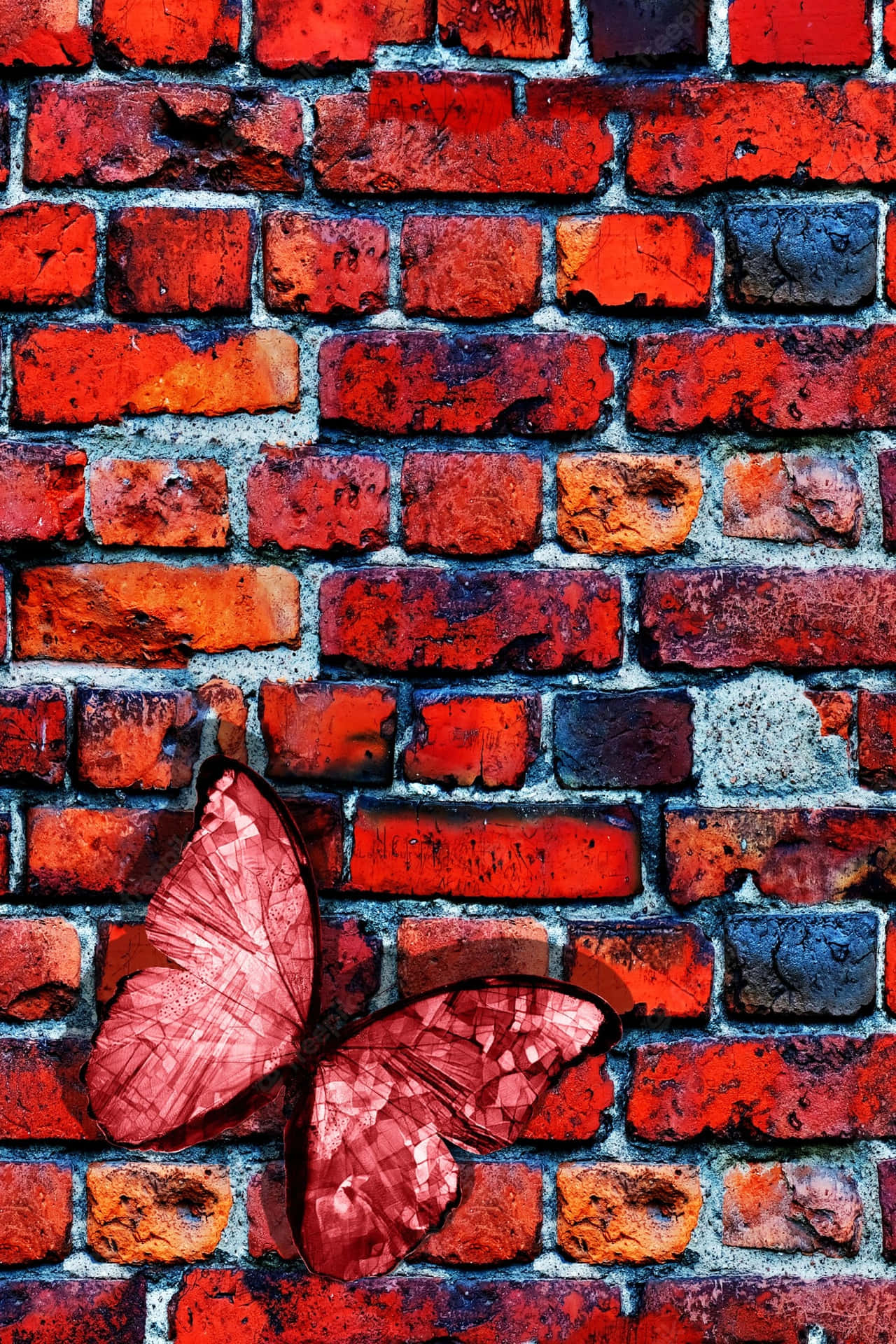 Red Butterfly On Bricks Wallpaper