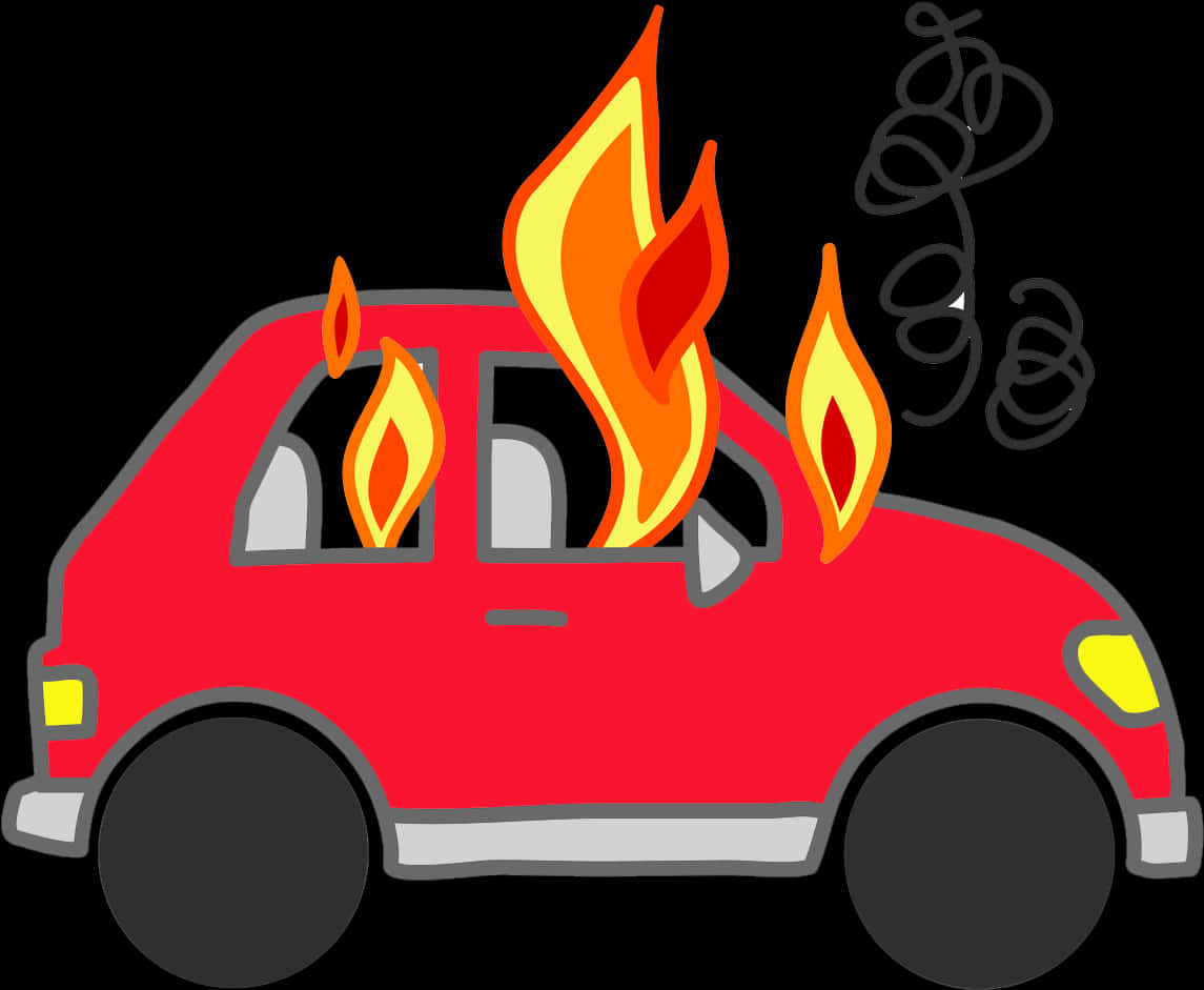 Red Car On Fire Cartoon Illustration PNG