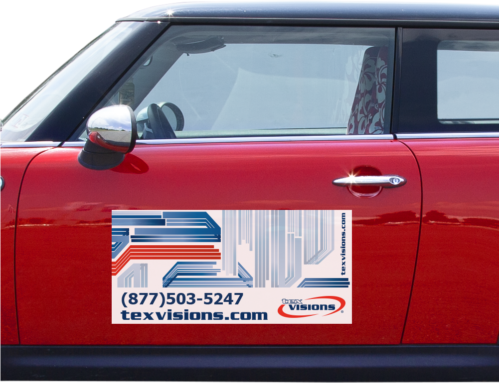 Red Car Side Viewwith Advertisement Magnet PNG