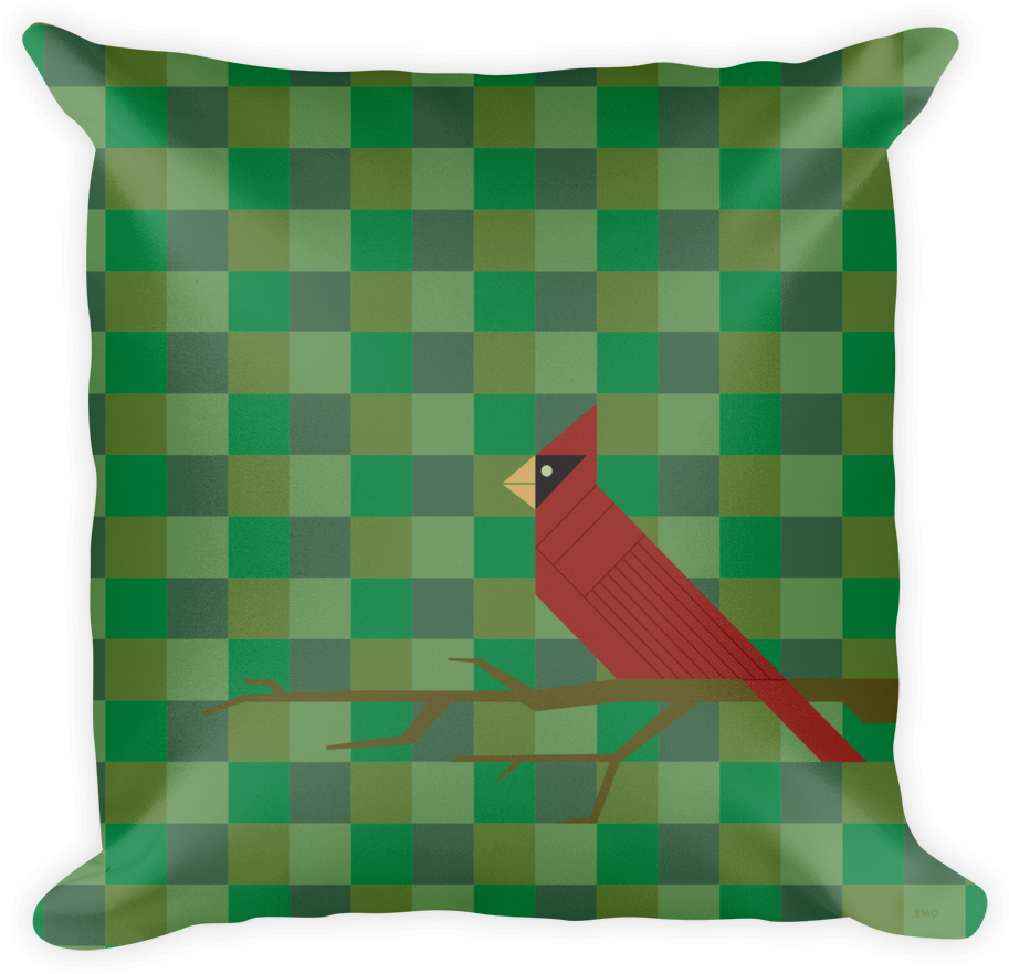 Red Cardinalon Green Checkered Pillow PNG