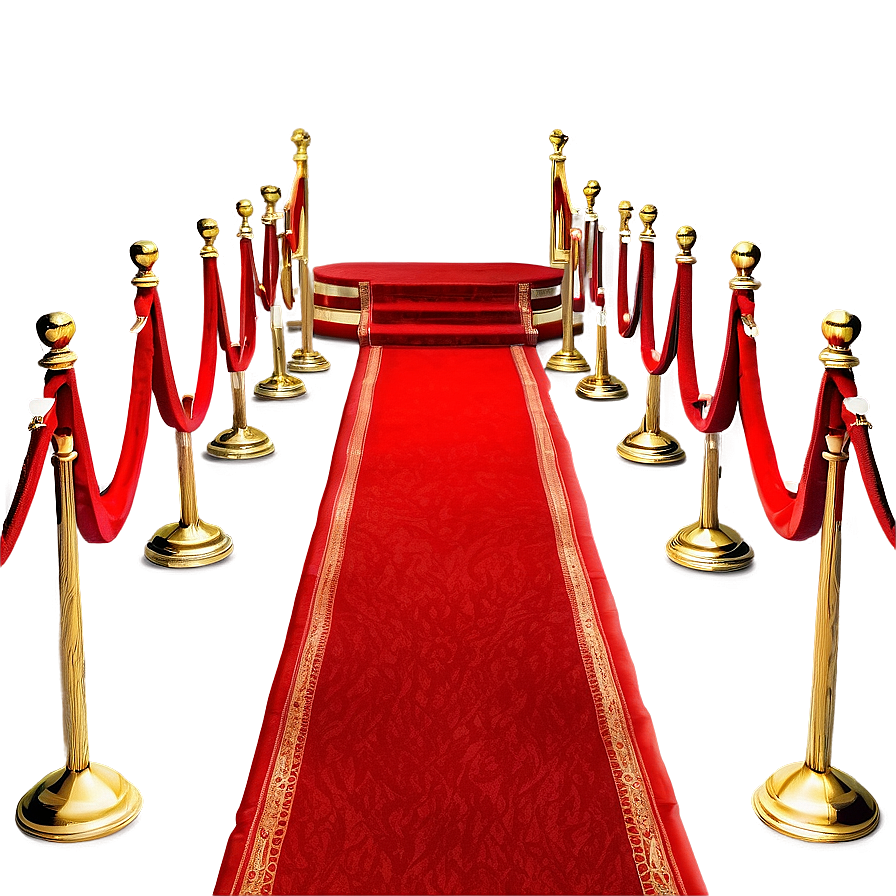 red carpet c PNG — A luxurious red carpet with gold trim leads to a raised platform flanked by golden stanchions with red velvet ropes.