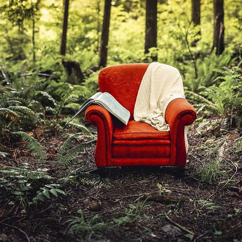 Red Chair With Blankets In Forest Wallpaper