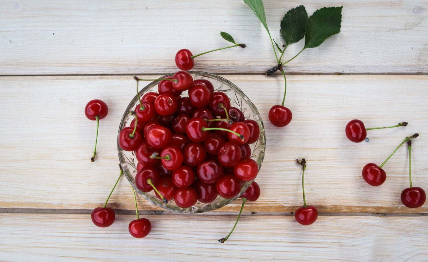 A cluster of fresh, juicy red cherries hanging from the branch Wallpaper