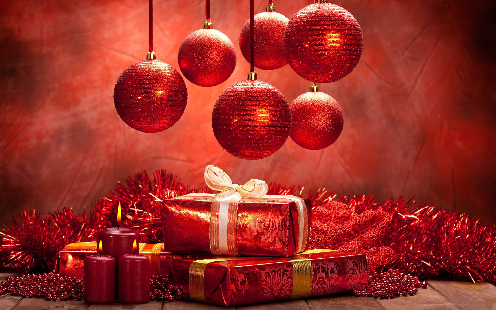 Red Christmas Balls And Gifts Wallpaper