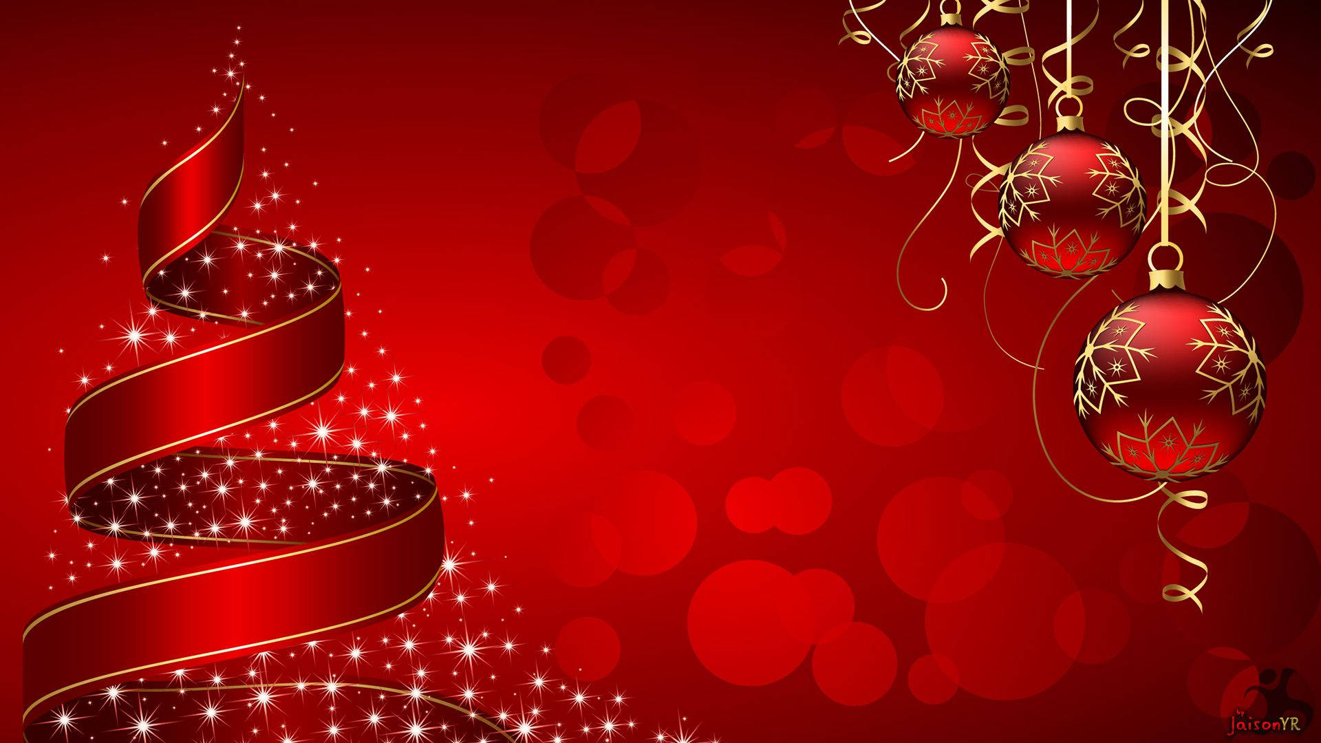 Red ribbon and balls in Christmas art wallpaper.