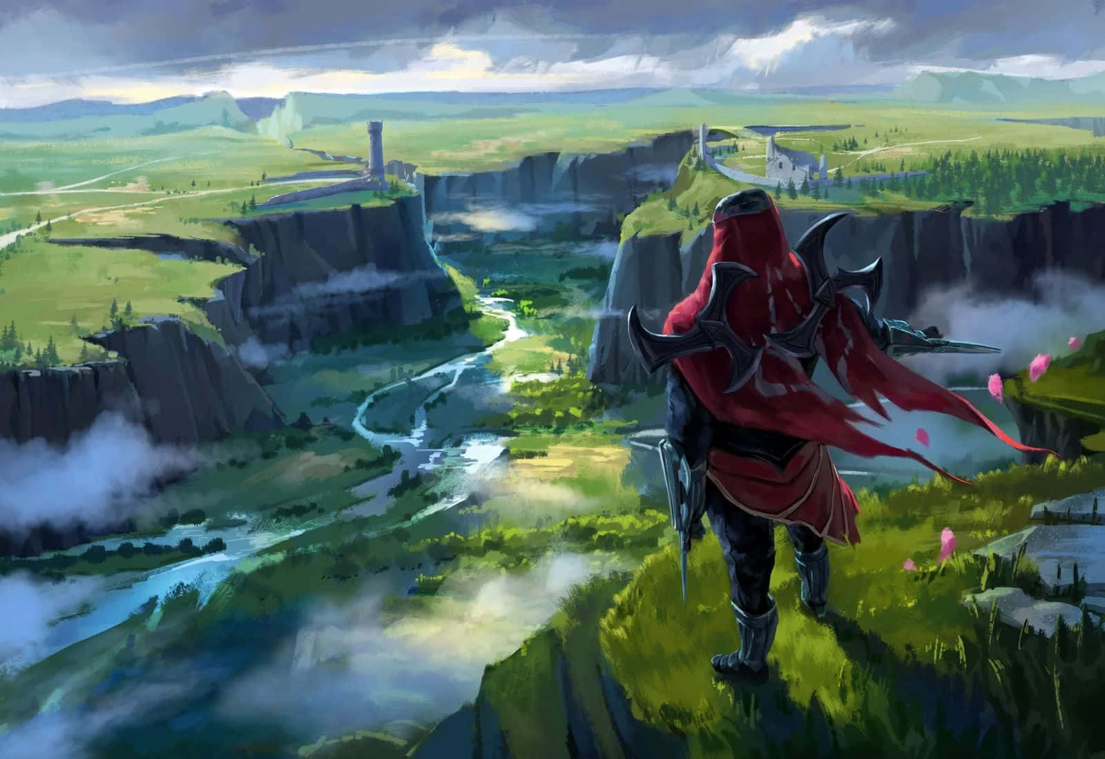 Red Cloaked Warrior Overlooking Valley Wallpaper