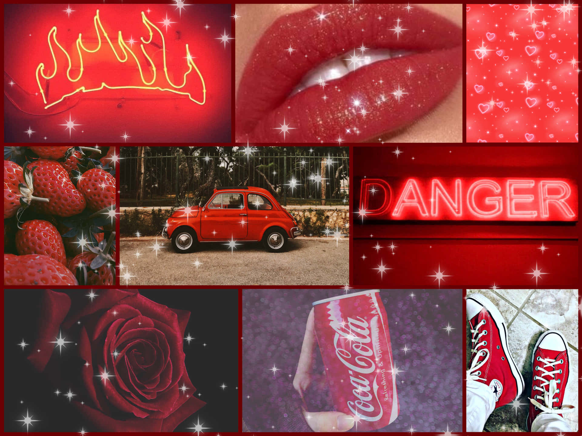 A Collage Of Red And White Pictures With The Word Danger Wallpaper