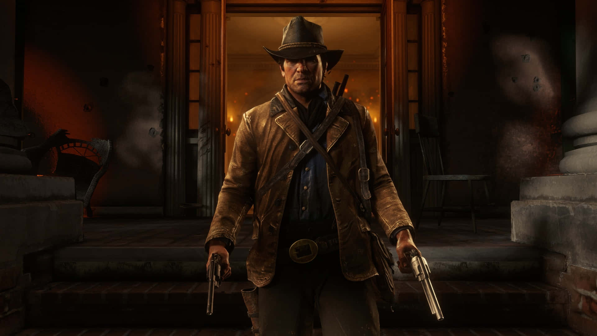 En mand i cowboyhat og hat står foran en dør Wallpaper