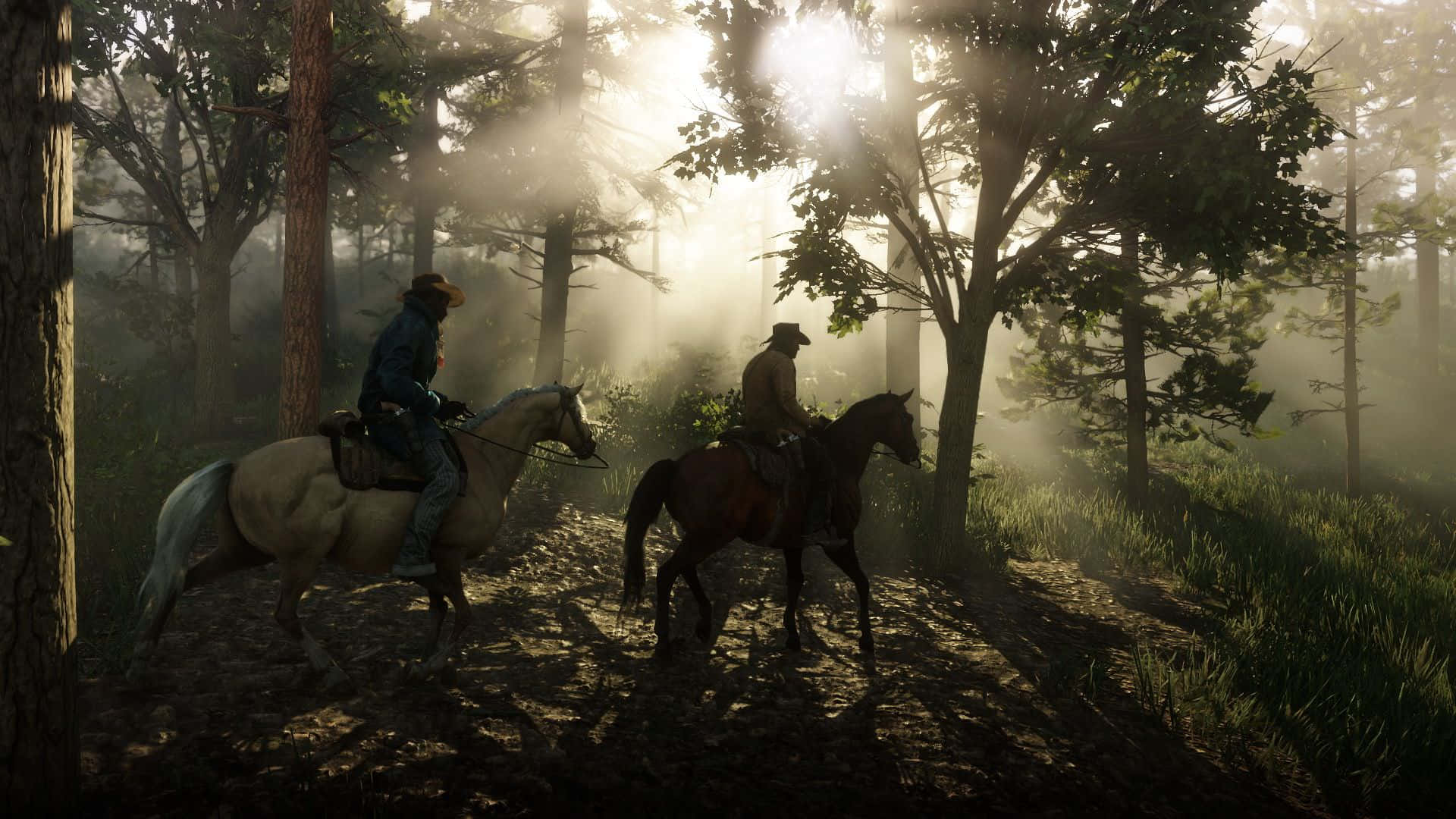 på Solnedgang: Rides gennem skoven ved solnedgang 4K Red Dead Redemption. Wallpaper