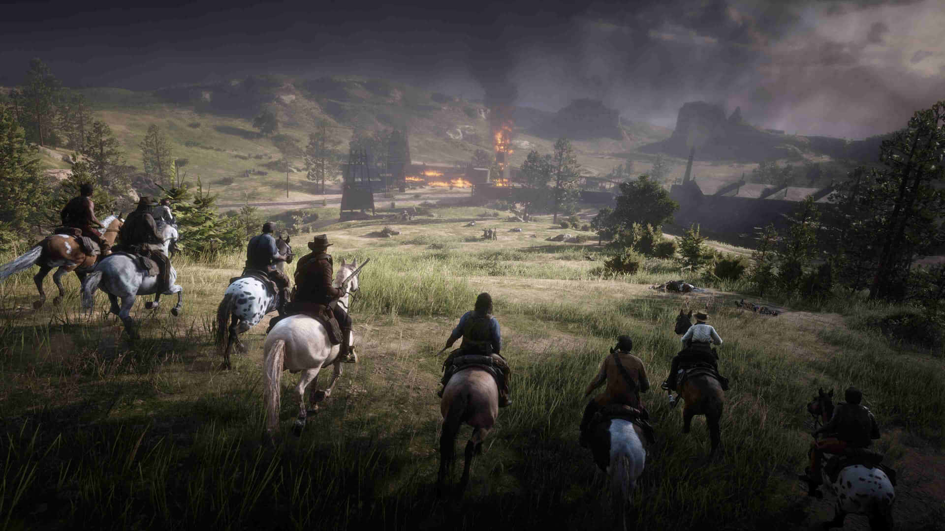 Red Dead Redemption2 Gang Riding Towards Fire Wallpaper