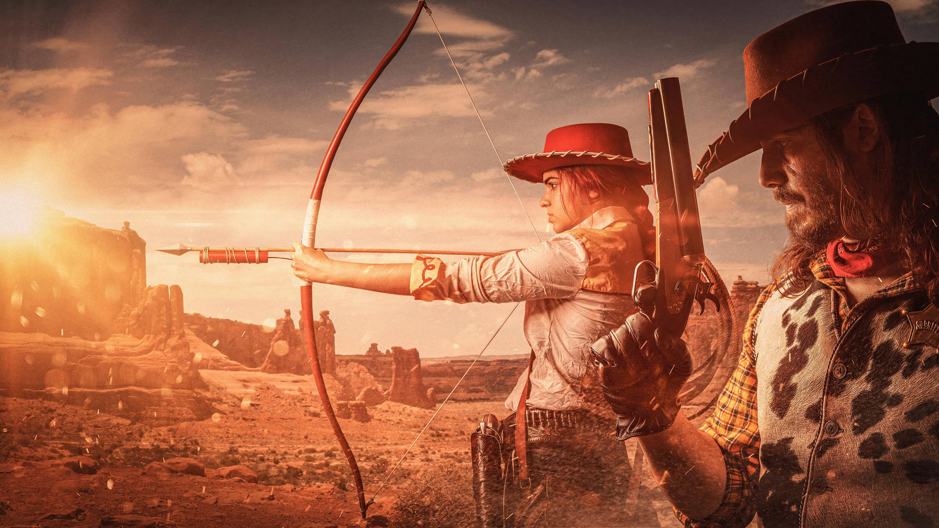 two cowboys in western outfits are holding bows and arrows Wallpaper