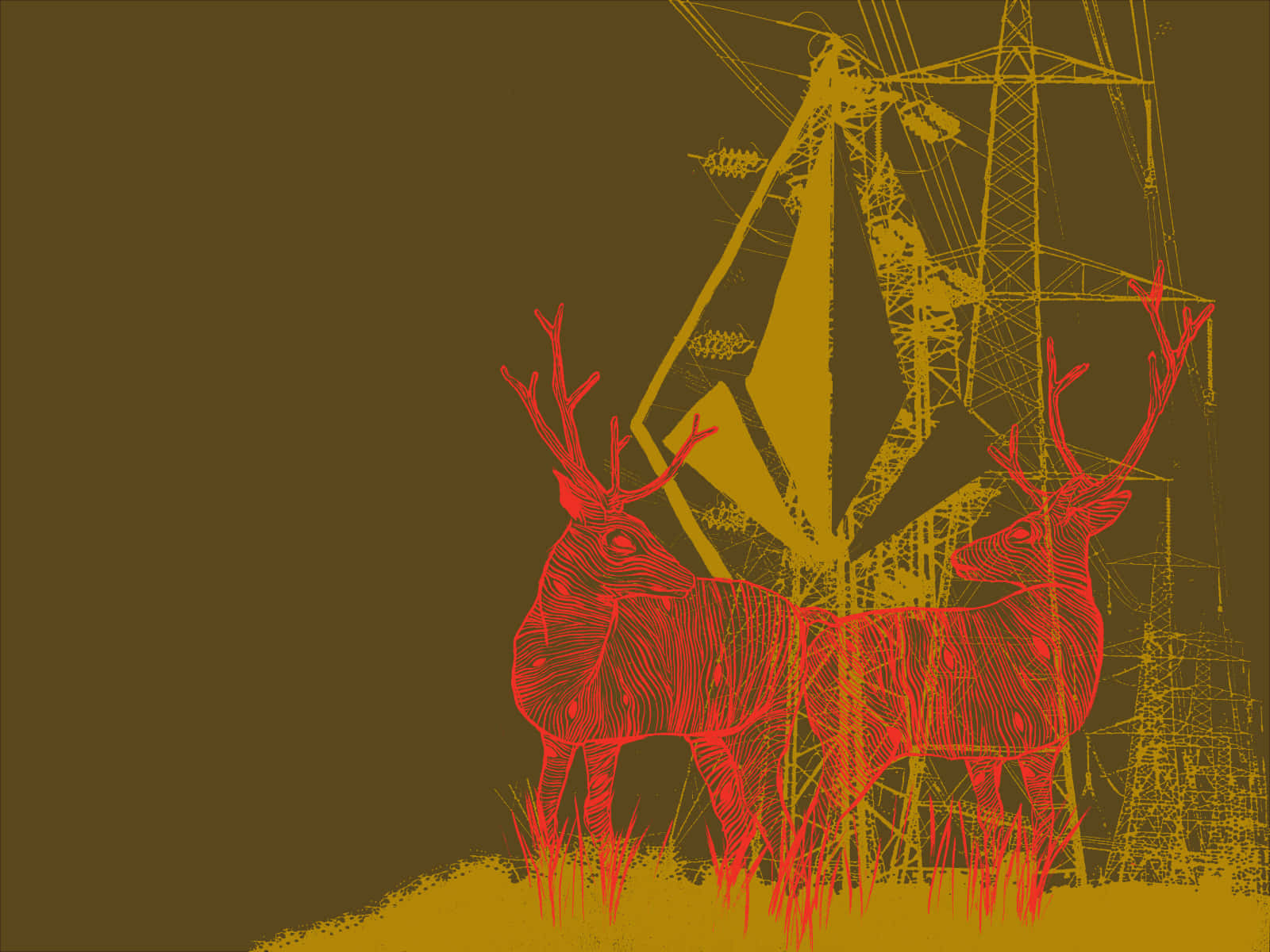 Red Deer Illustration Electric Towers Background Wallpaper