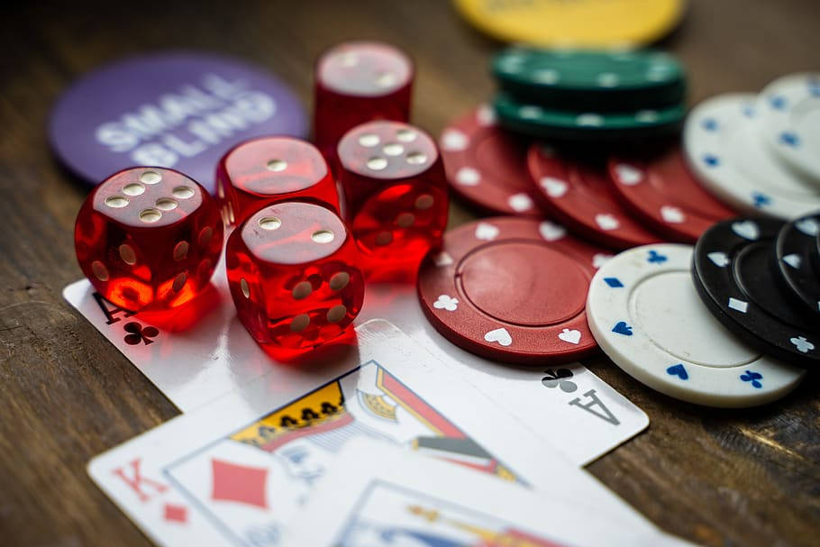 Red Dices Poker Chips And Cards Baccarat Wooden Table Wallpaper