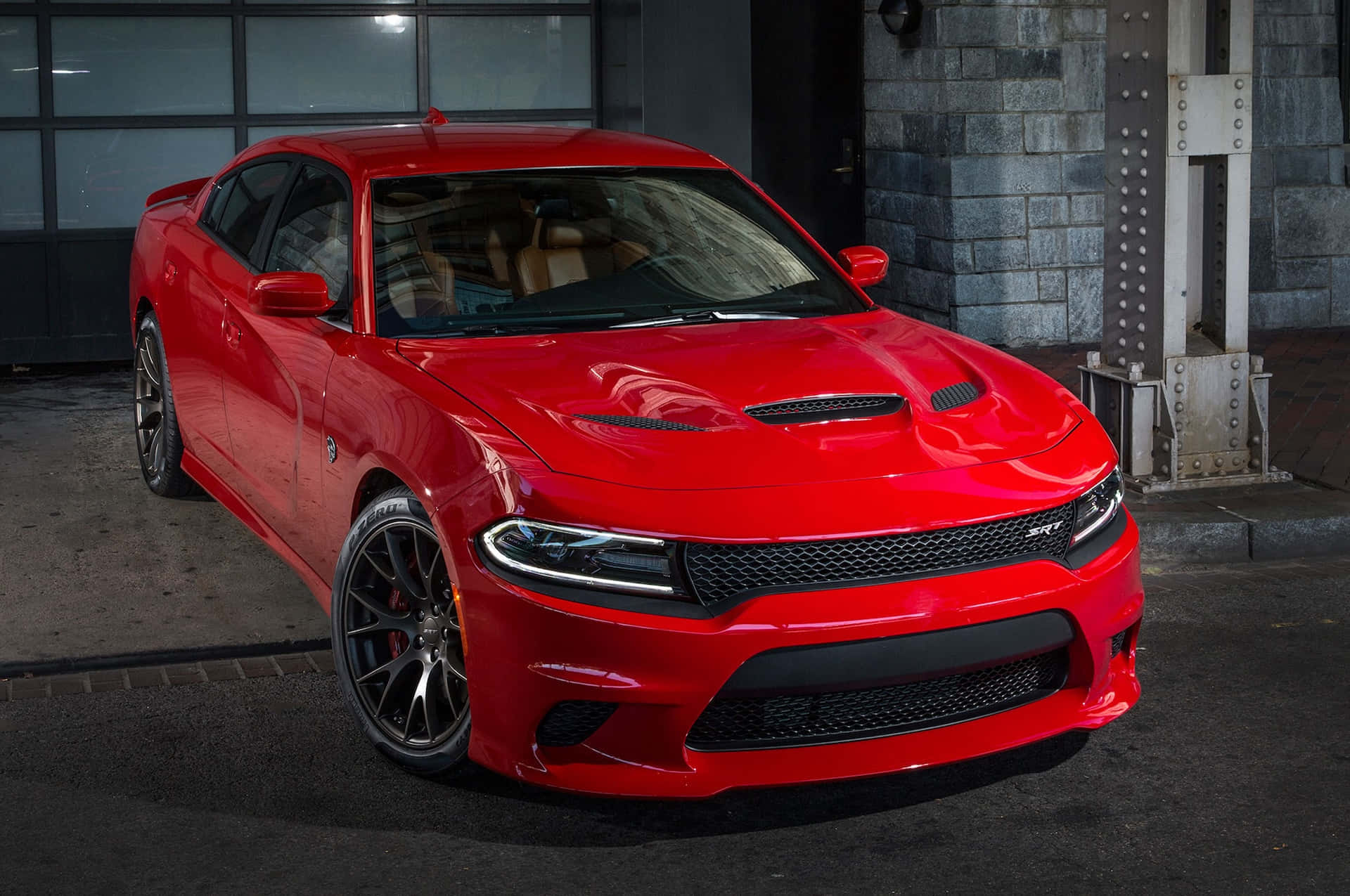 Red Dodge Charger Hellcat Industrial Backdrop Wallpaper