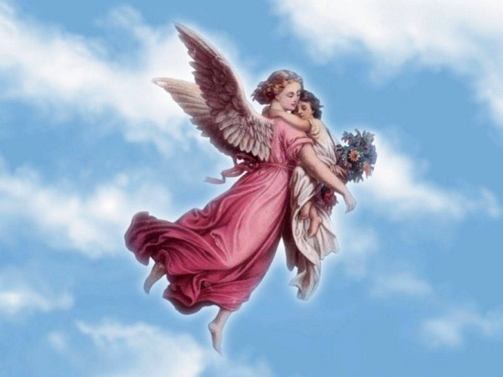 Download Red Dress Angels In Heaven Hugging Child Wallpaper ...
