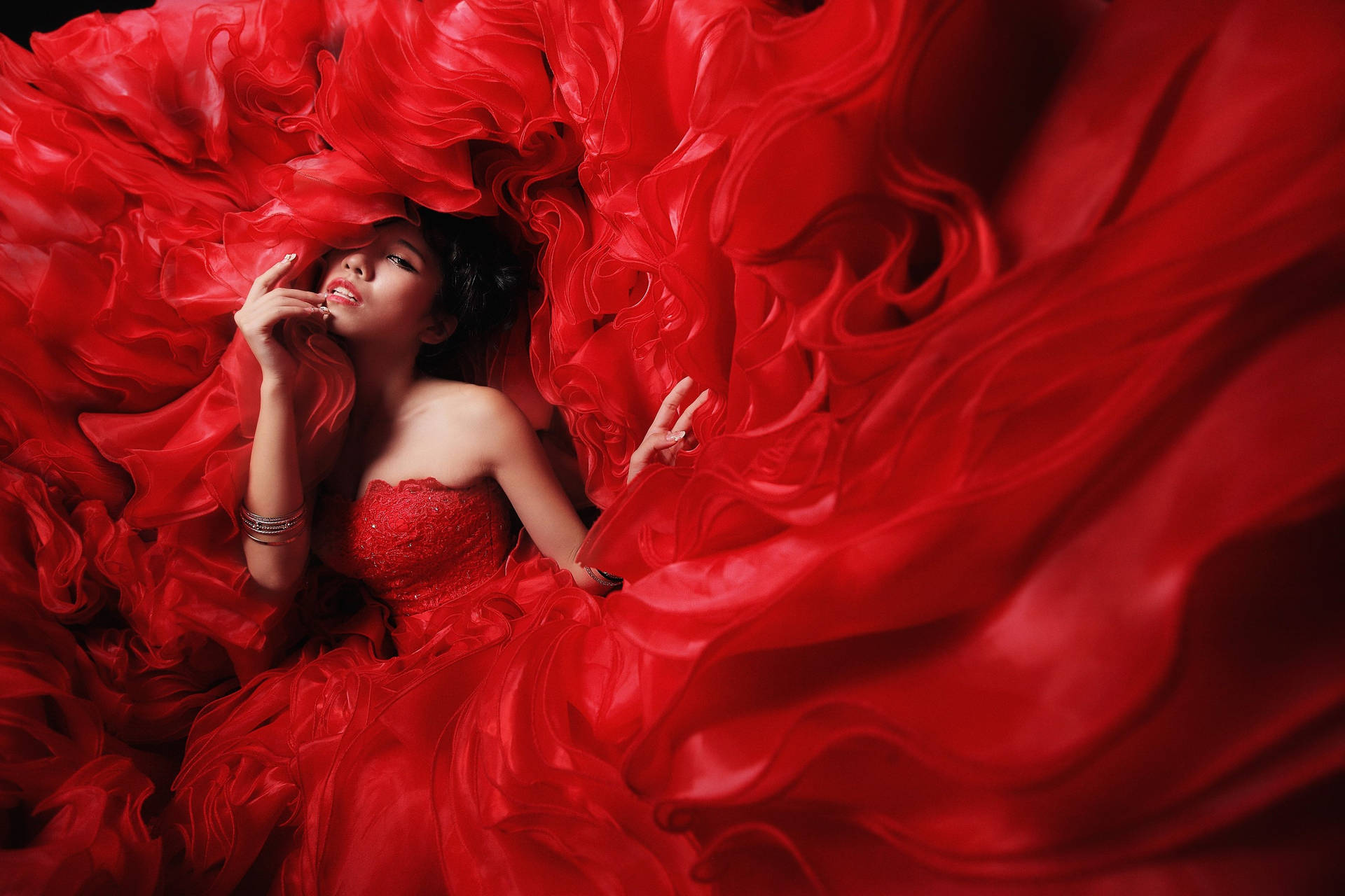 Red Dress Asian Fashion Model Wallpaper