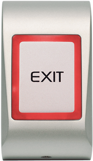 Red Exit Button PNG — A close-up of a modern silver exit button with a red border and black text.