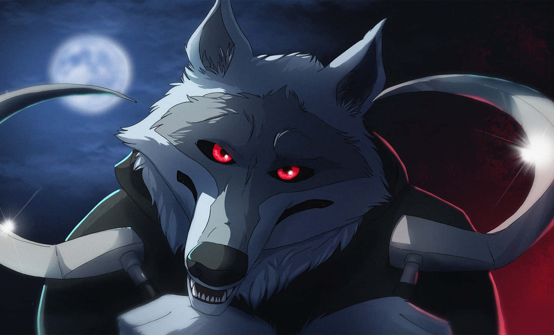 Red Eyed Wolf Under Moonlight Wallpaper