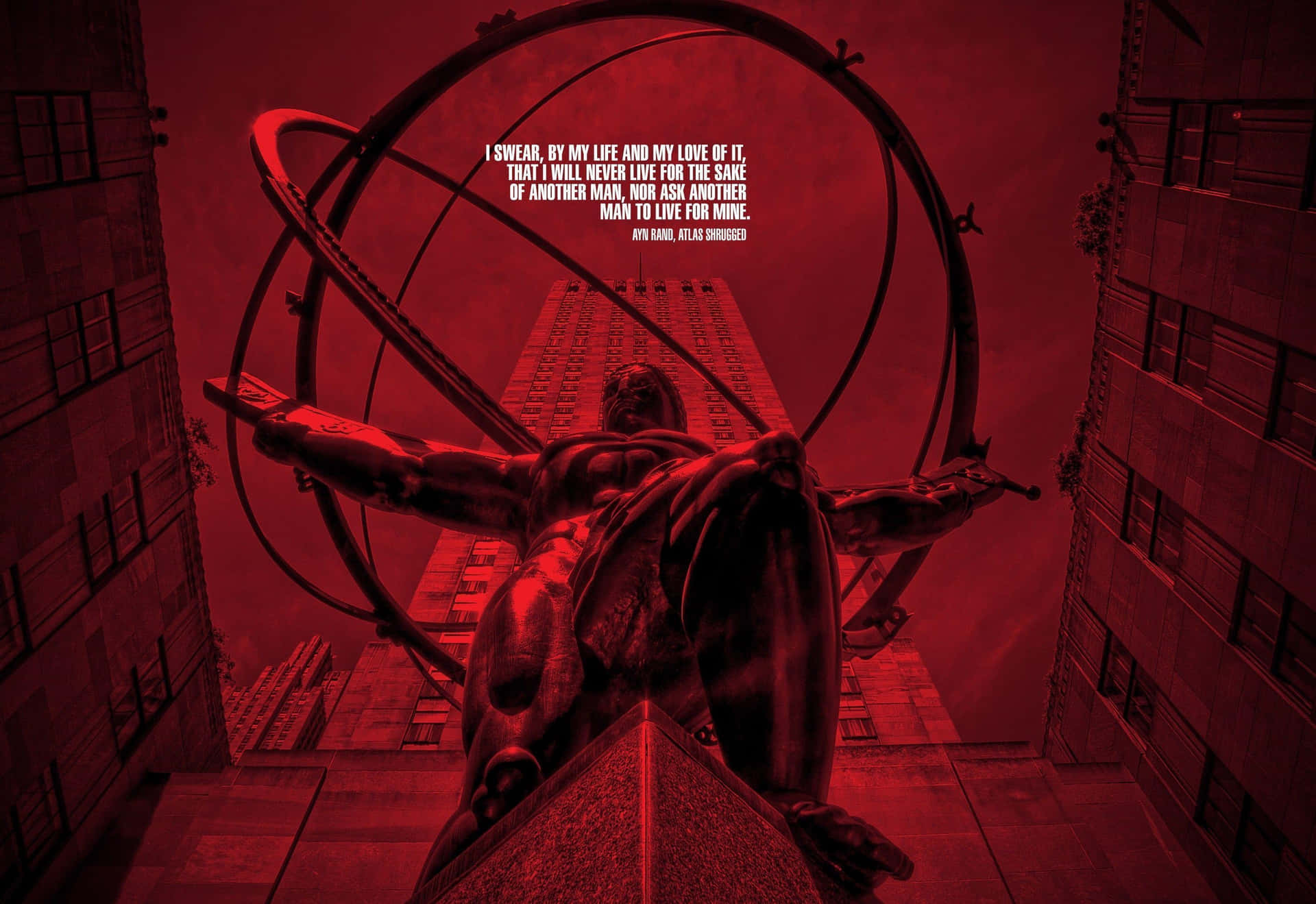 Red Filtered Atlas Statuewith Quote Wallpaper