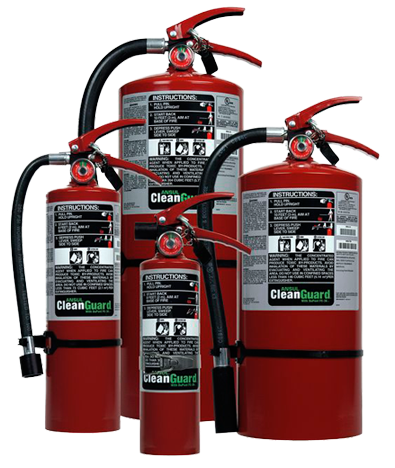 Red Fire Extinguishers Array PNG — Four red CleanGuard fire extinguishers of varying sizes stand grouped against a stark white background.