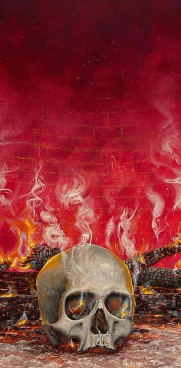 A Painting Of A Skull In Front Of A Fire Wallpaper