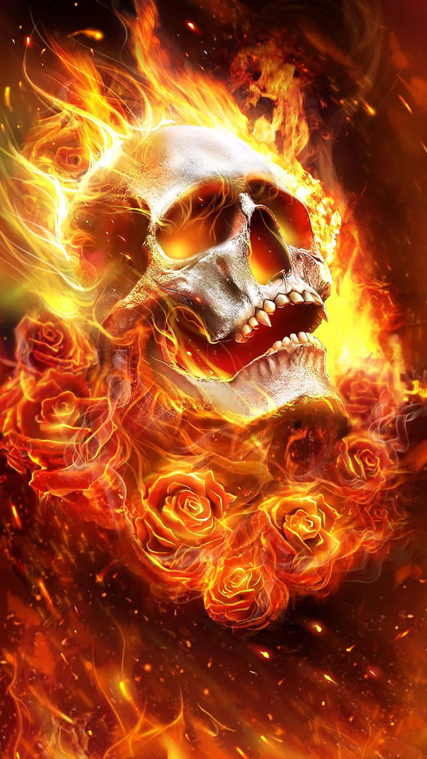 Download Mystical fiery skull surrounded by sparks of flame