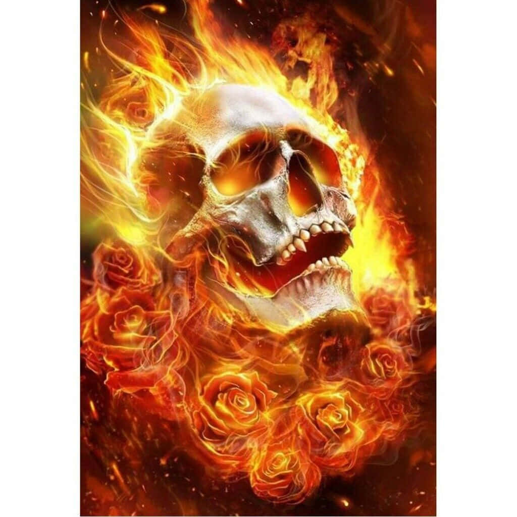 A Skull With Roses On Fire Wallpaper