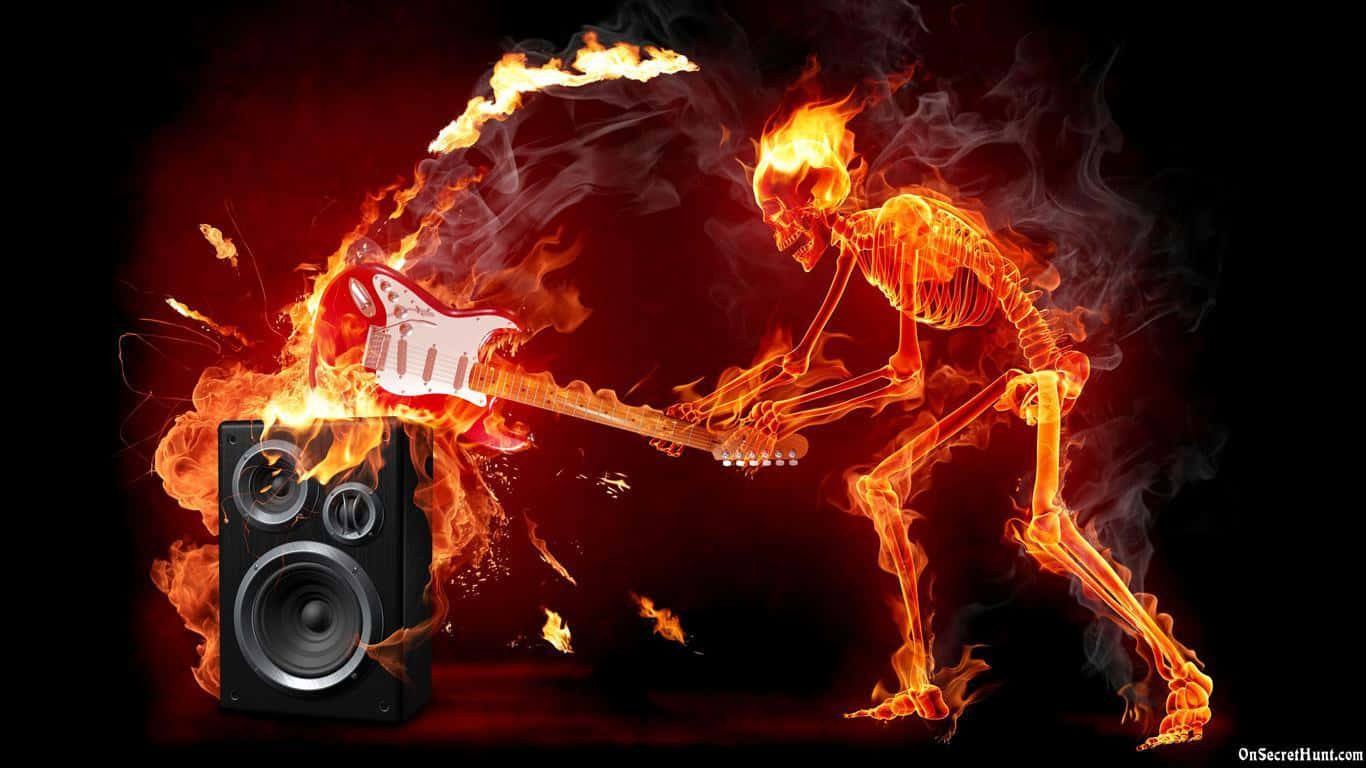 Et skelet der spiller en elektrisk guitar i ilden Wallpaper