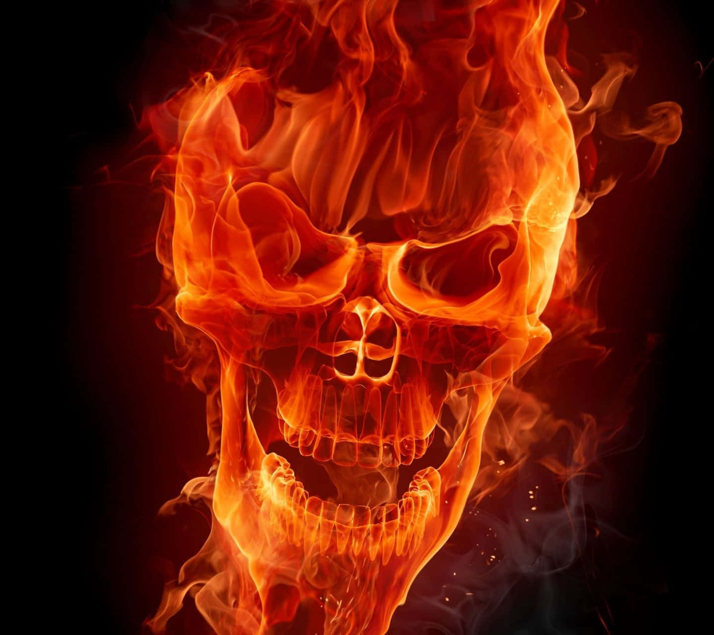 An intimidating red flame skull adorned with menacing facial features. Wallpaper