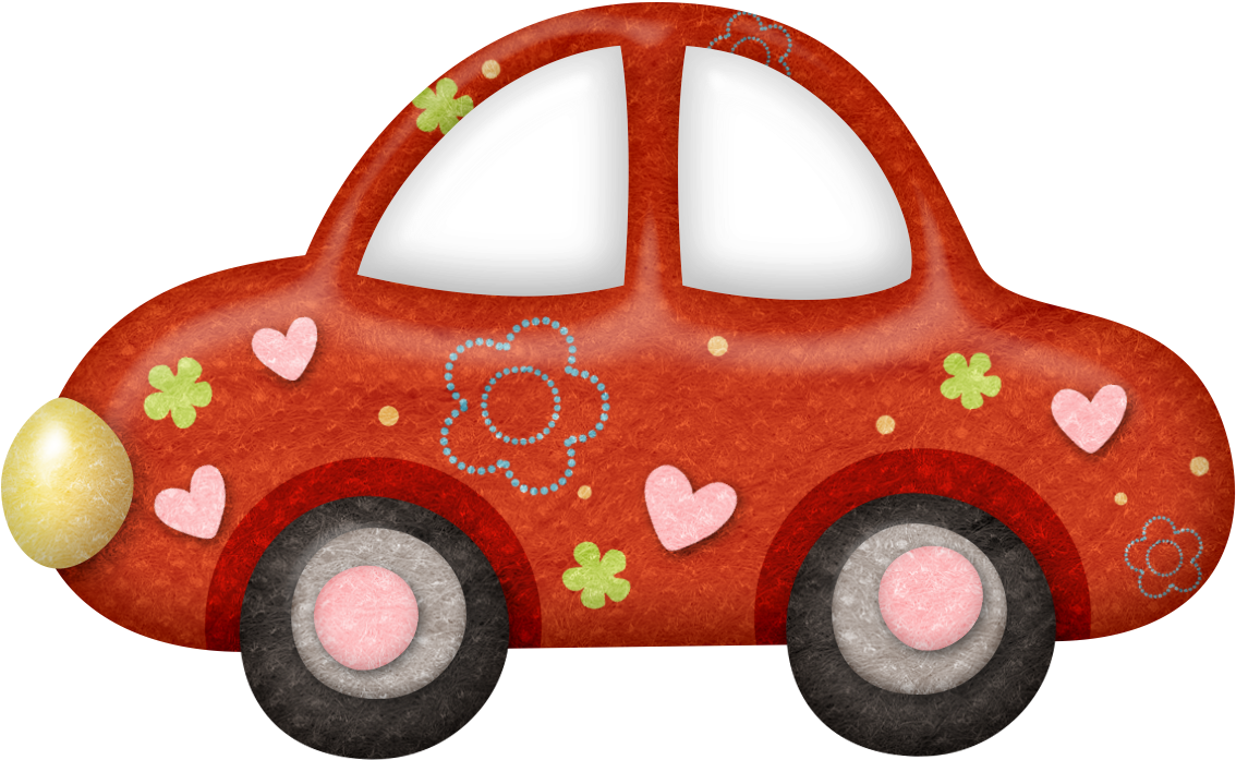 Red Floral Patterned Cartoon Car PNG