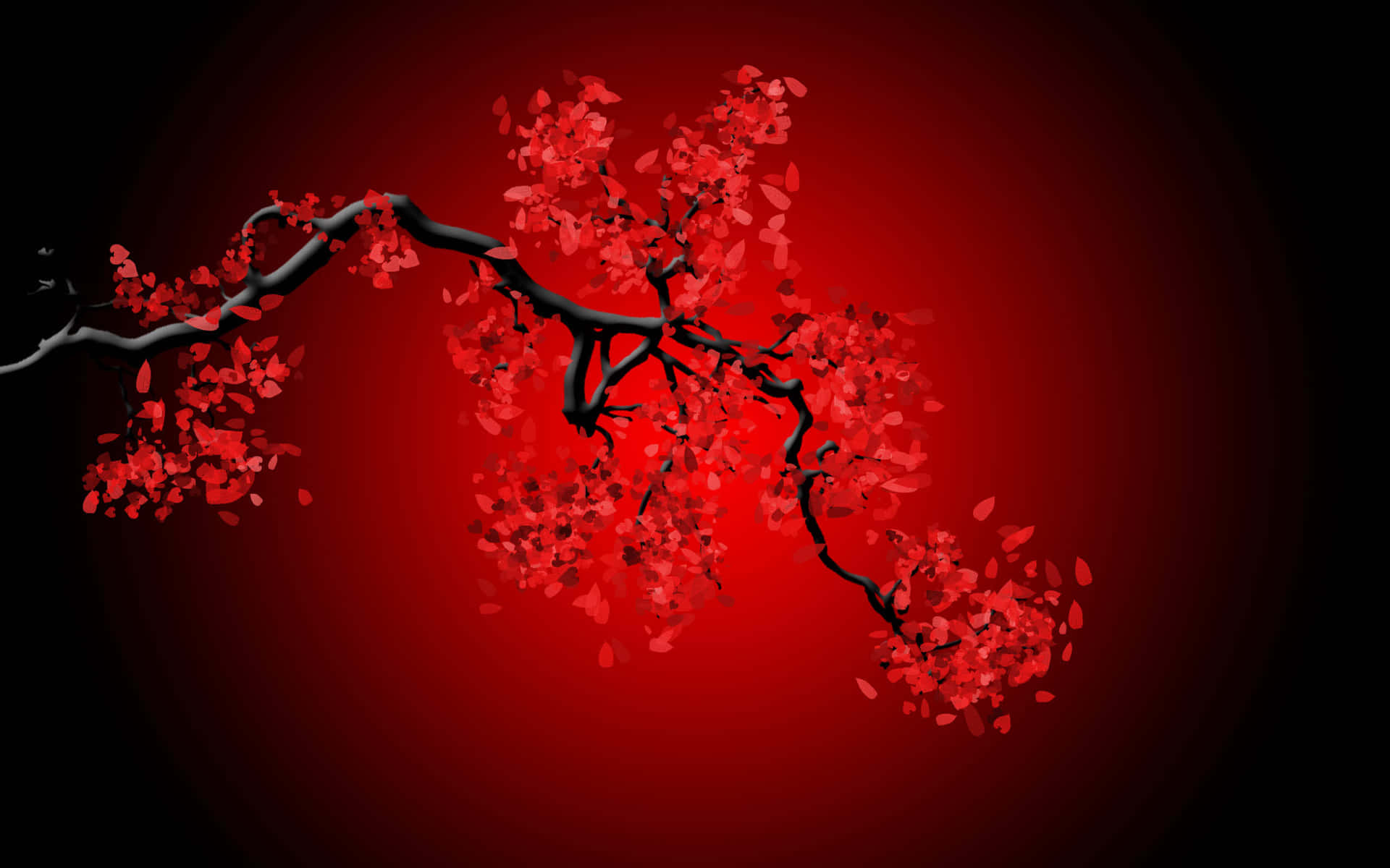 A Red Branch With Red Leaves On A Black Background