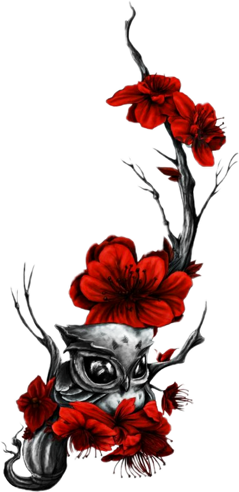 Red Flowersand Owl Tattoo Design PNG