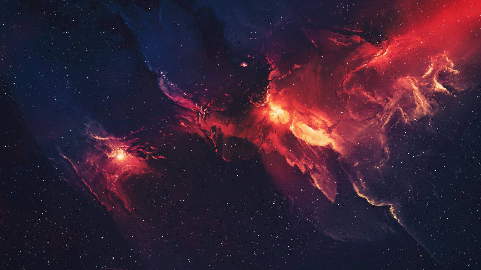 Two brilliant explosions of glowing red billow out into a spiral galaxy of stars. Wallpaper