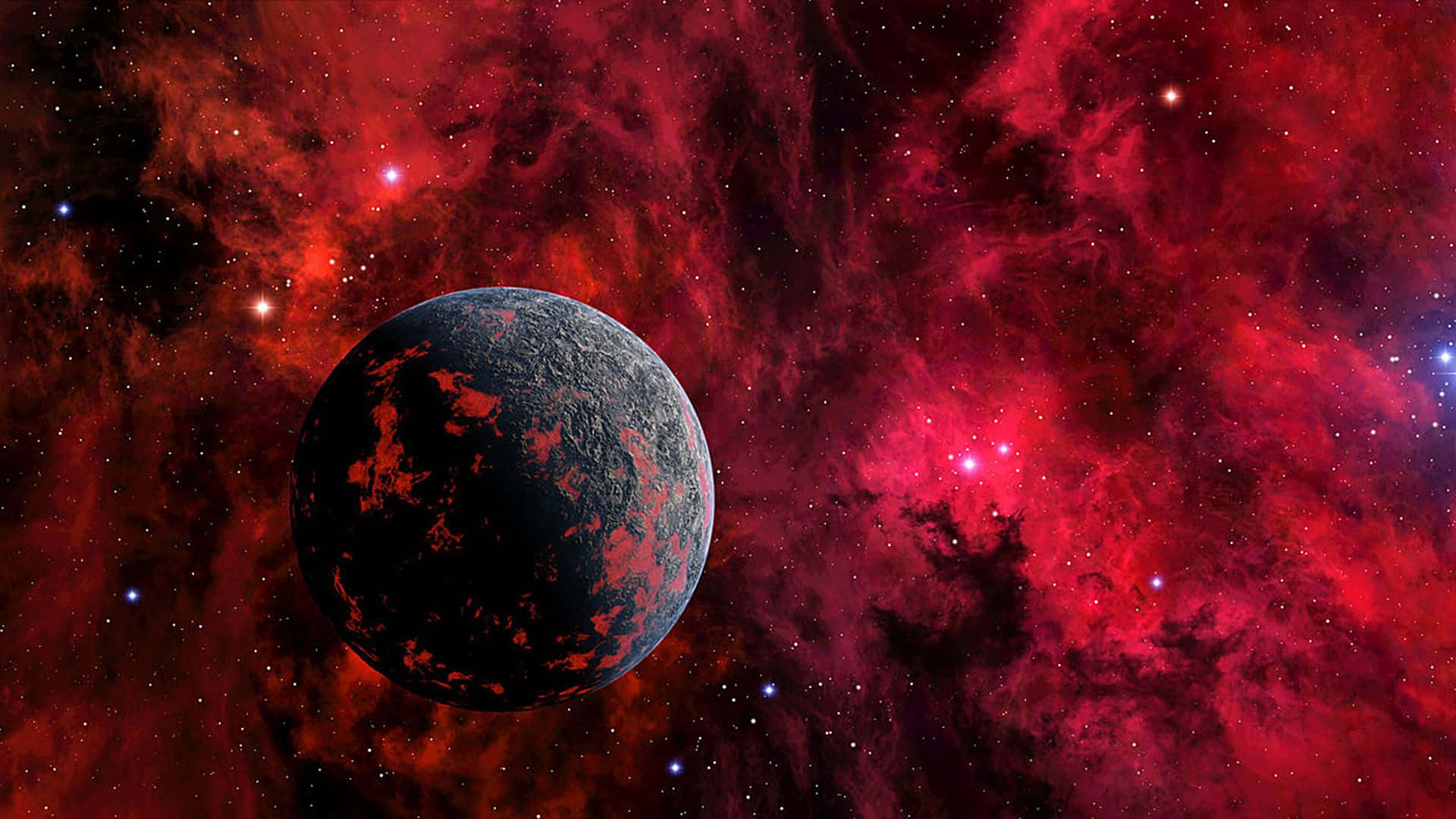 A Planet In Space With Red And Blue Stars