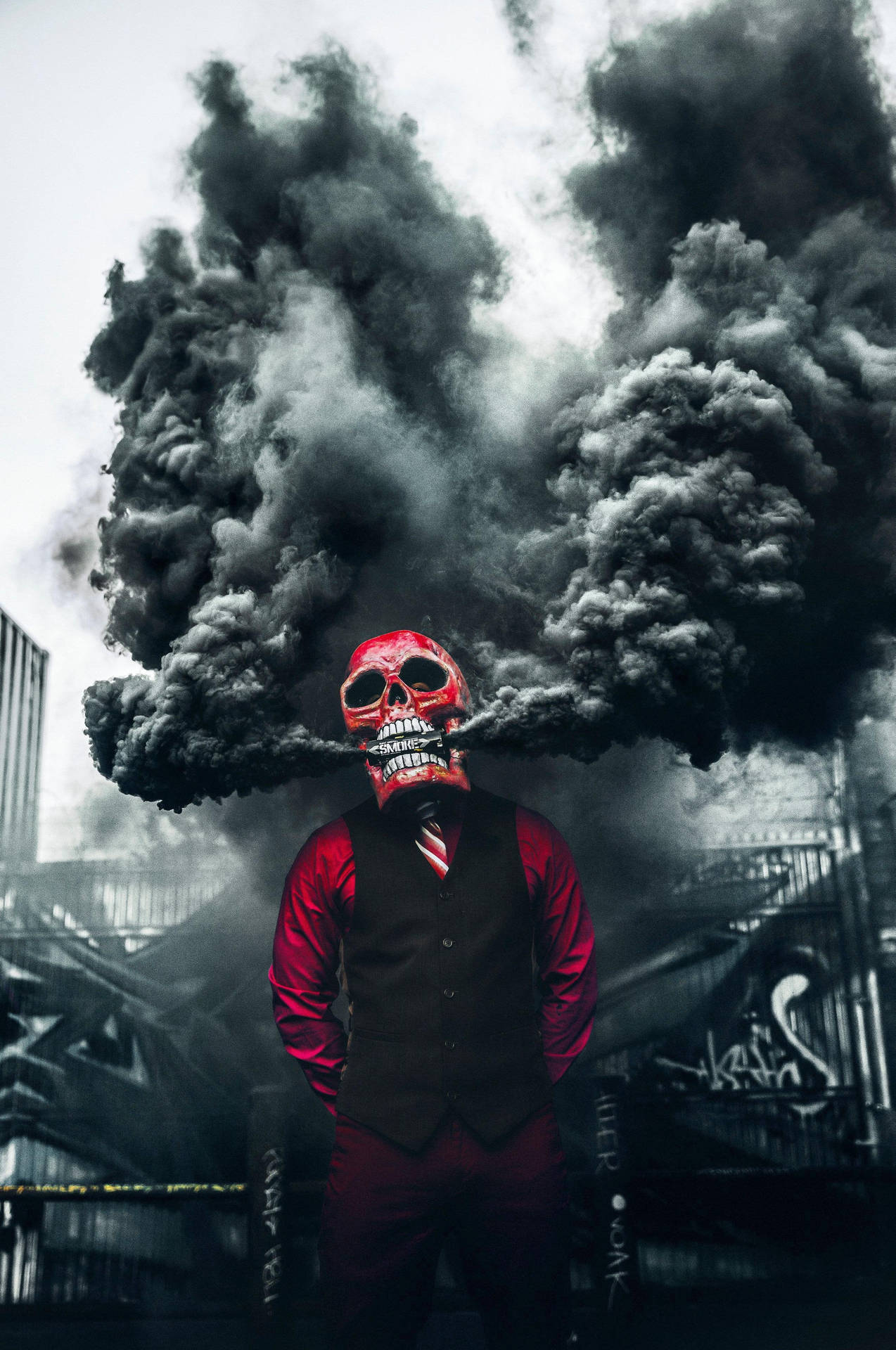 Red Gangster Skull With Smoke Wallpaper
