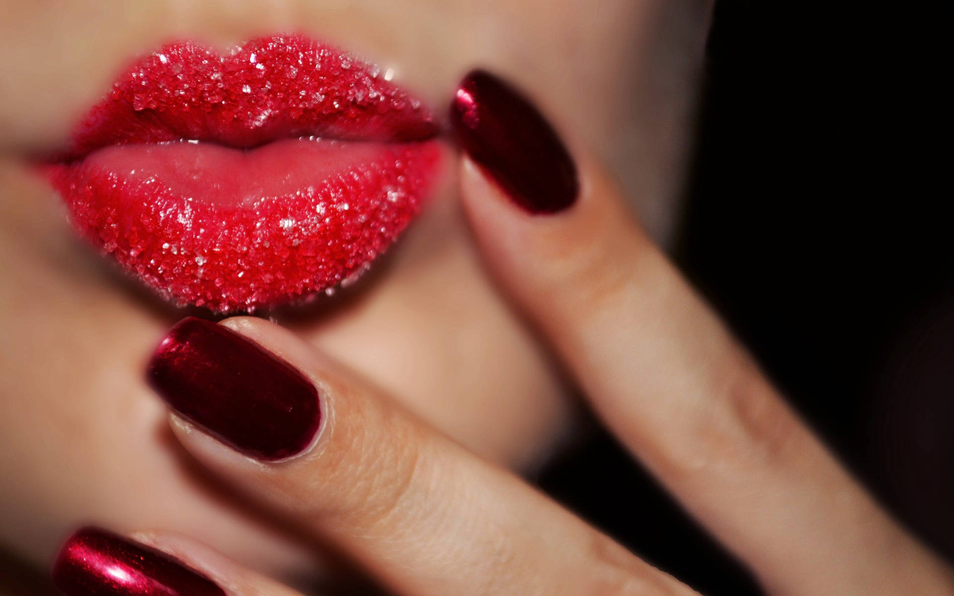 Red Glittery Lips With Nails Wallpaper