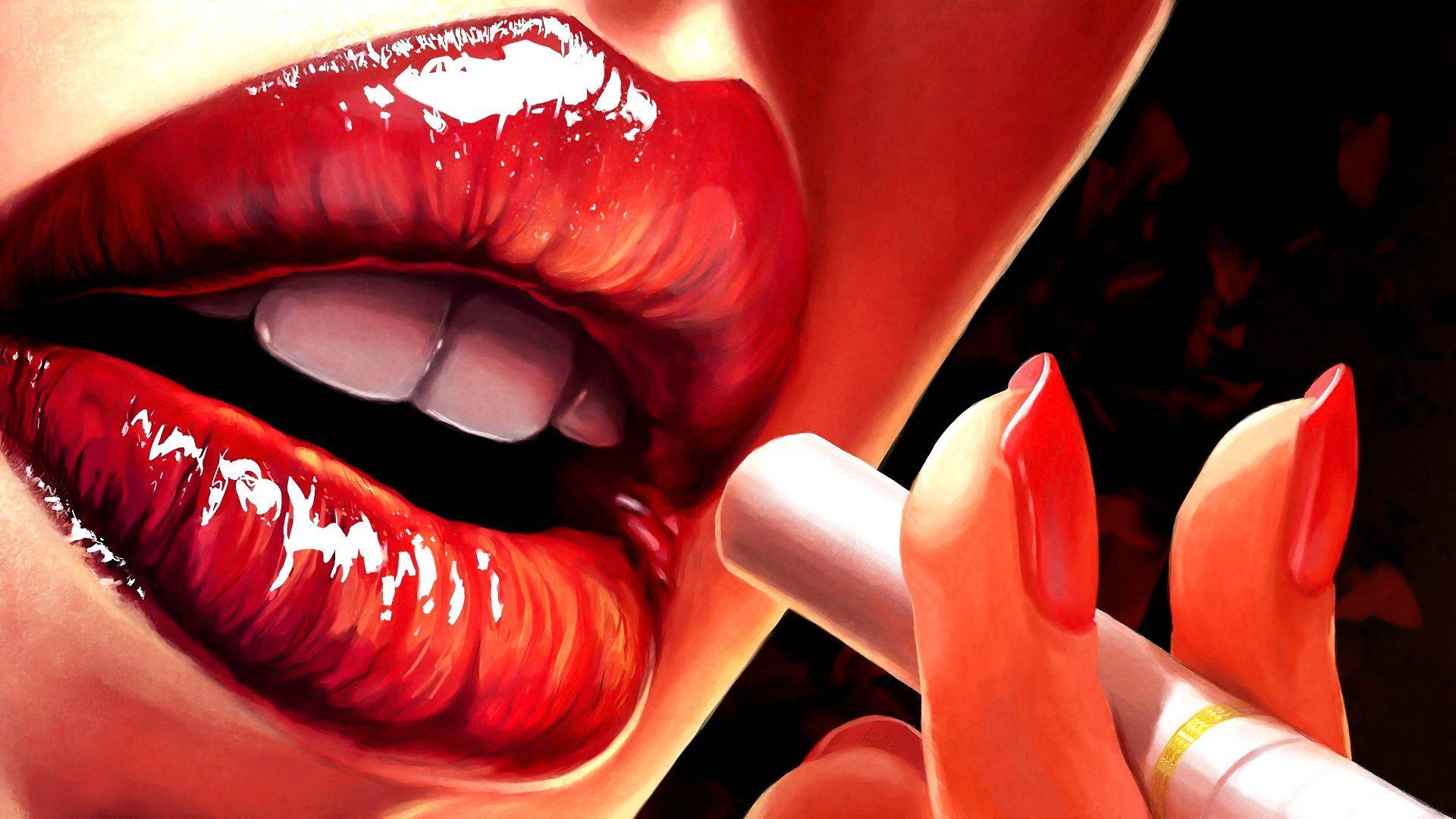 Seductive Red Glossy Lips Holding a Cigarette Wallpaper