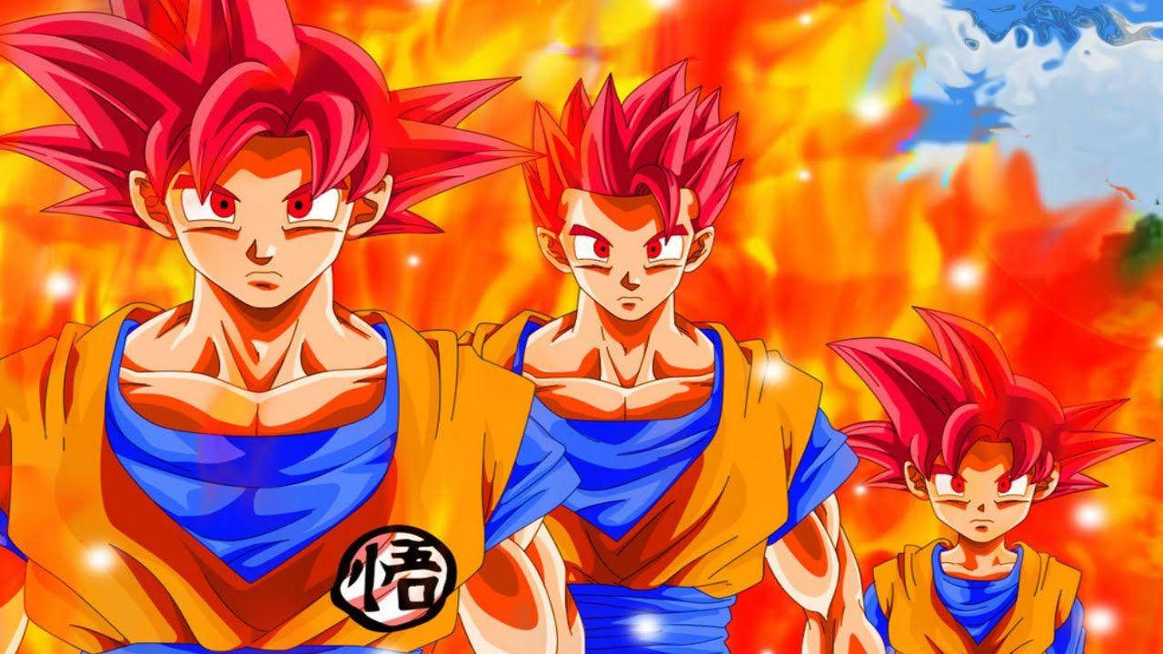 Rød Goten, Goku, Gohan og Krillin strejfer gennem himlen på deres flyvende argumenter. Wallpaper