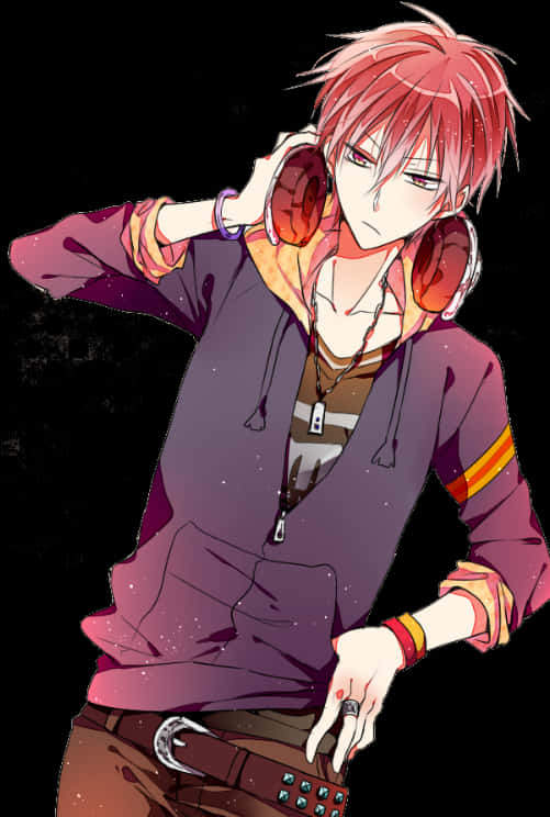 Red Haired Anime Boywith Headphones PNG