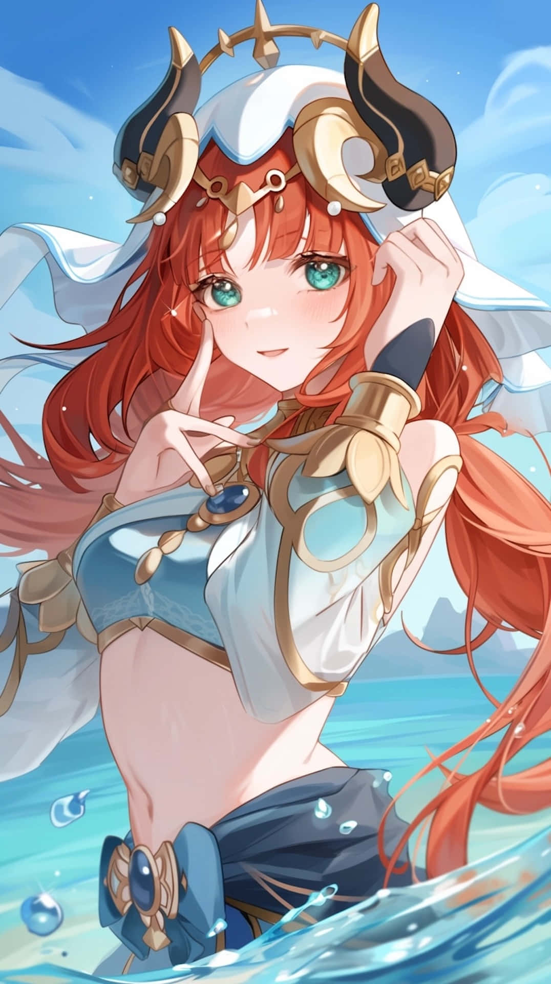 Red Haired Anime Character Beach Portrait Wallpaper