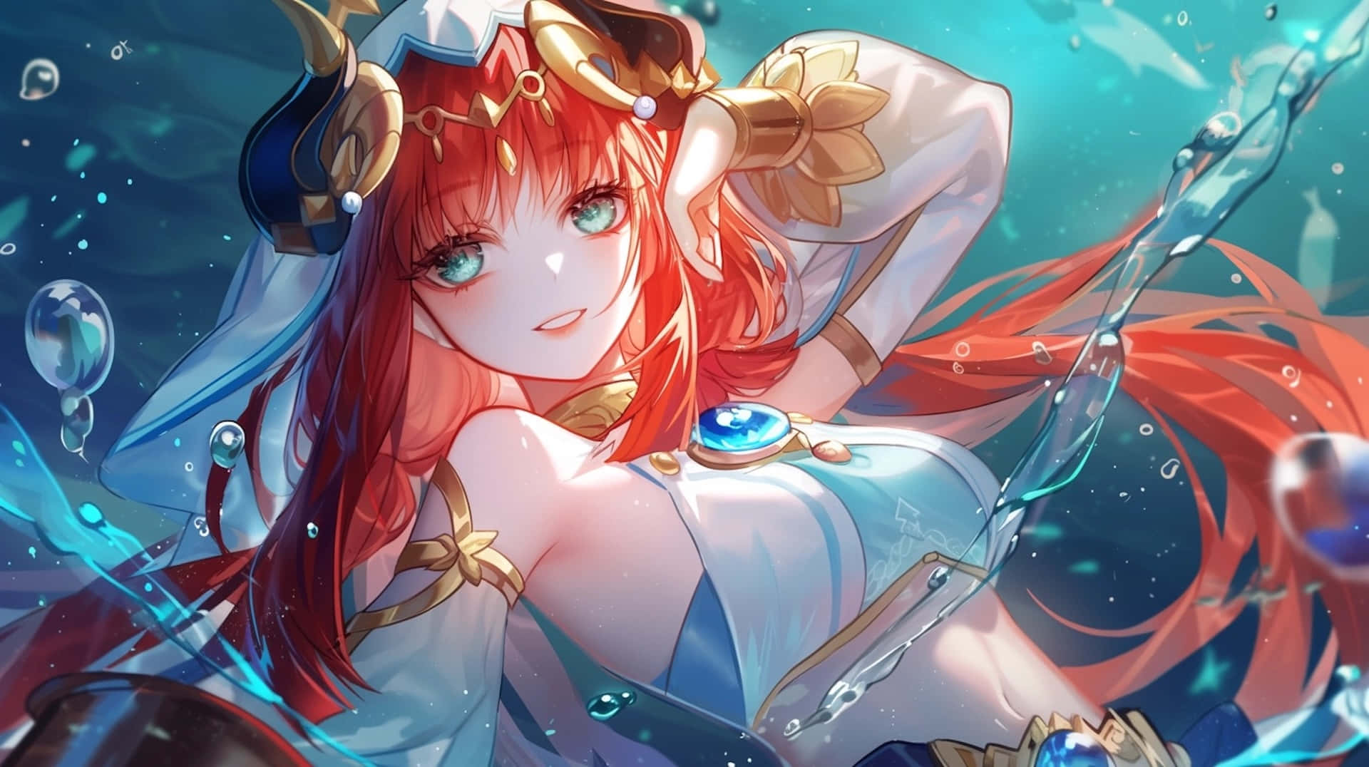 Red Haired Anime Character Underwater Wallpaper
