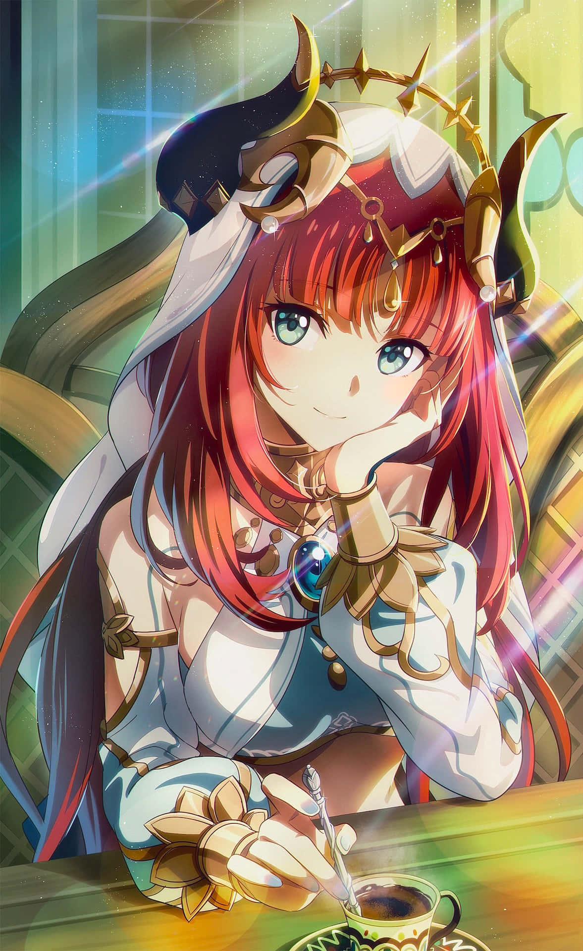 Red Haired Anime Character With Horned Headdress Wallpaper