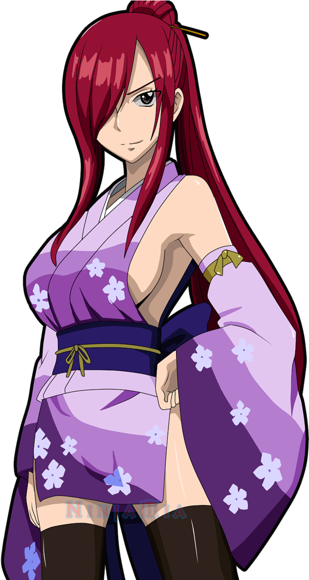 Red Haired Anime Characterin Purple Kimono PNG