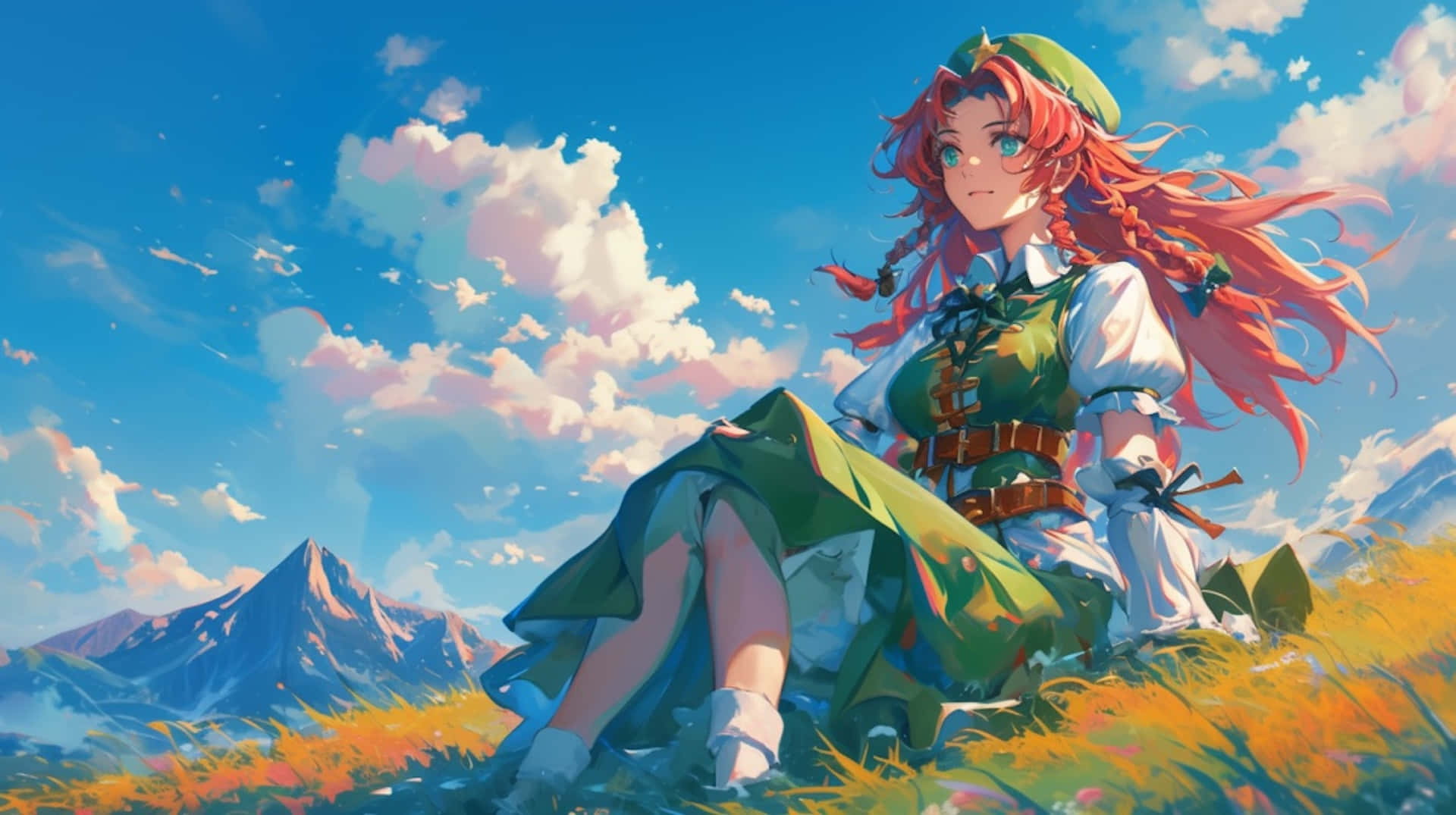 Red Haired Anime Girl Mountain View Wallpaper