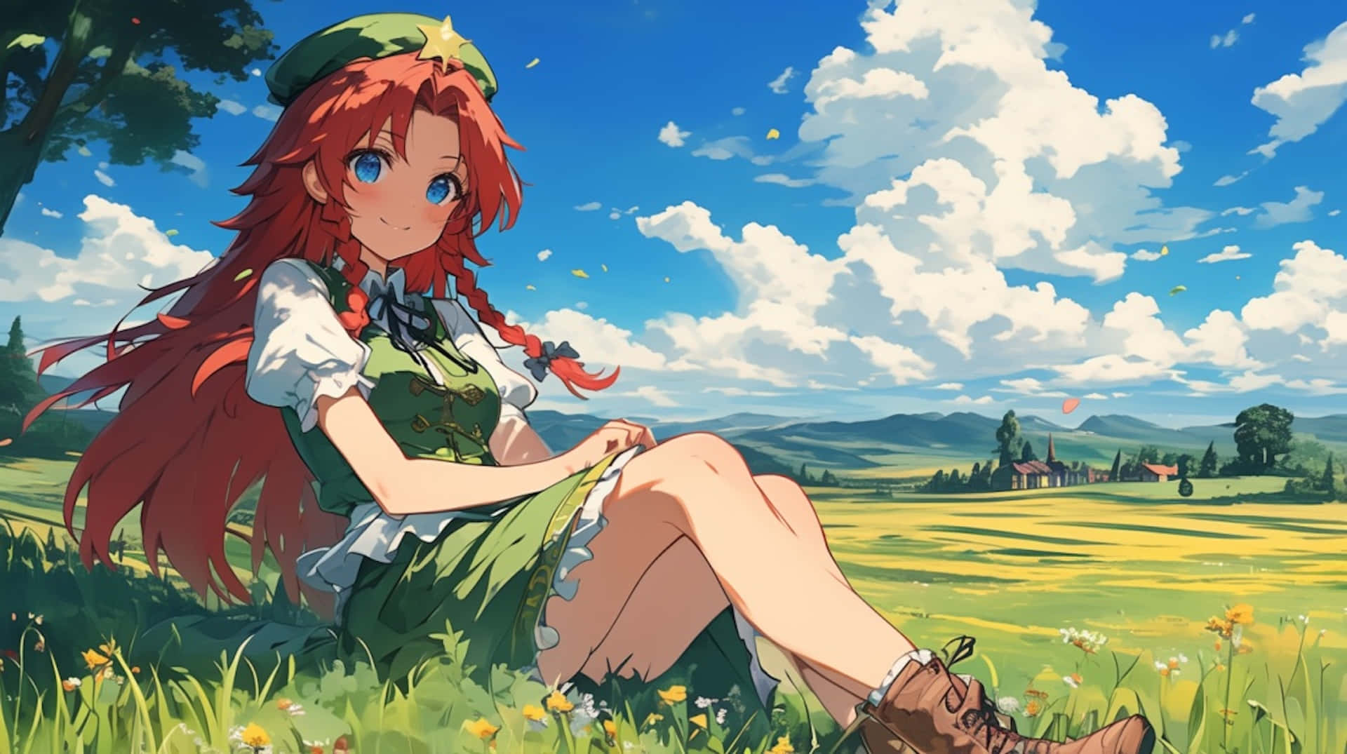 Red Haired Anime Girl Relaxingin Meadow Wallpaper