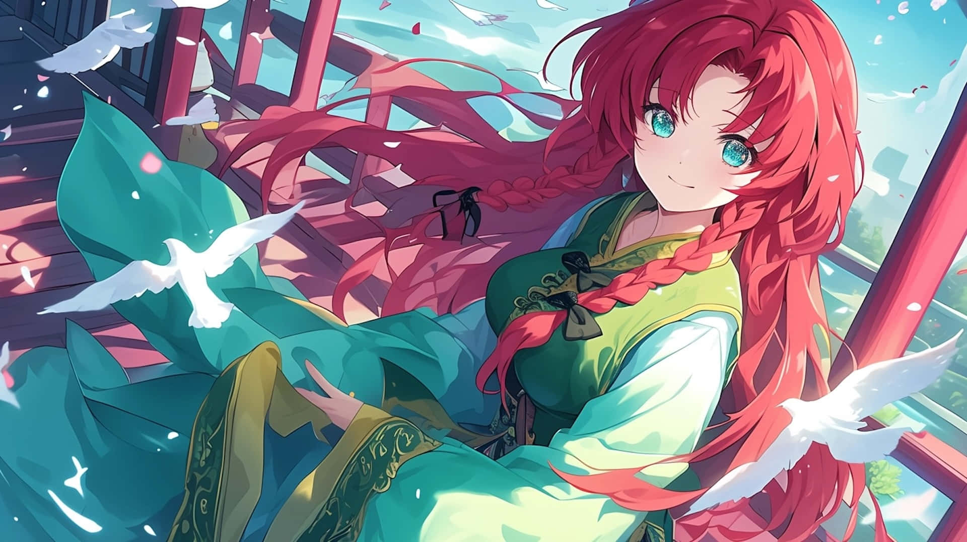 Red Haired Anime Girl Traditional Dress Wallpaper