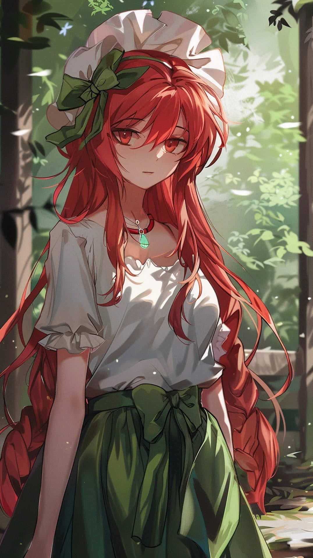 Red Haired Anime Girlin Sunlit Forest Wallpaper