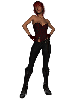 Red Haired Elfin Black Outfit PNG